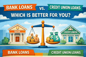 Bank loans vs credit union loans infographic showing key differences in rates, fees, and approvals.