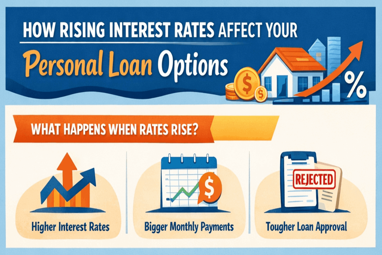 Infographic on how rising interest rates affect personal loan options and borrowing decisions.